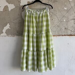 Gingham Tiered Maxi Skirt Womens M Lime Green White Check Coastal Cottagecore